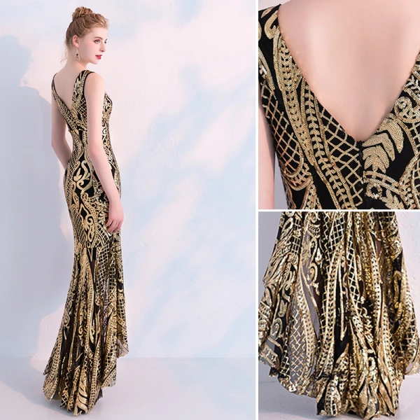 Charmant Noire Doré Robe De Soirée 2019 Trompette / Sirène Paillettes V-Cou Sans Manches Dos Nu Asymétrique Robe De Ceremonie