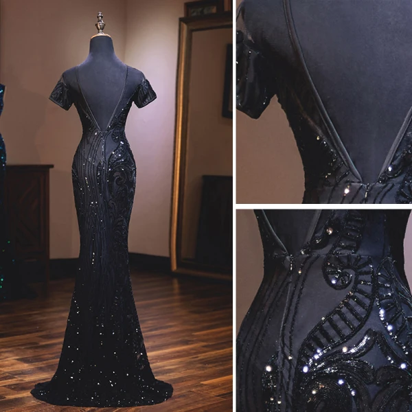 Elegante Schwarz Abendkleider 2019 Meerjungfrau Rundhalsausschnitt Perlenstickerei Pailletten Kurze Ärmel Rückenfreies Sweep / Pinsel Zug Festliche Kleider