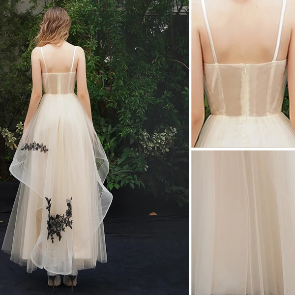 Élégant Champagne Robe De Soirée 2019 Princesse Bretelles Spaghetti En Dentelle Appliques Sans Manches Dos Nu Longueur Cheville Robe De Ceremonie