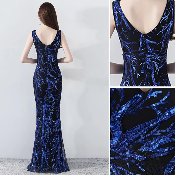 Chic / Belle Bleu Roi Robe De Soirée 2019 Trompette / Sirène V-Cou Sans Manches Paillettes Dos Nu Longue Robe De Ceremonie