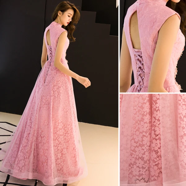 Chinese style Candy Pink Evening Dresses 2019 A-Line / Princess High Neck Appliques Beading Sleeveless Backless Lace Floor-Length / Long Formal Dresses