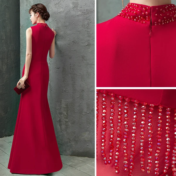 Charming Burgundy Evening Dresses 2019 Trumpet / Mermaid High Neck Beading Crystal Tassel Sleeveless Floor-Length / Long Formal Dresses
