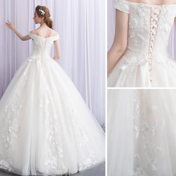 Élégant Ivoire Robe De Mariée 2019 Robe Boule De l'épaule Perlage En Dentelle Appliques Manches Courtes Dos Nu Longue