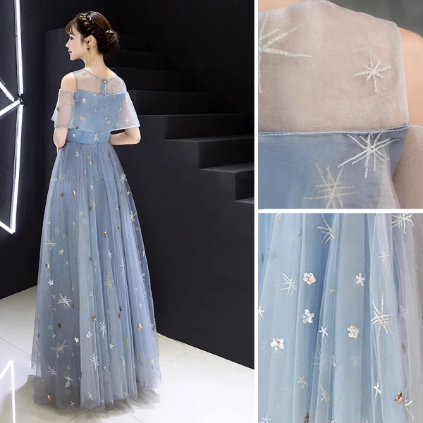 Elegant Sky Blue Evening Dresses  2019 A-Line / Princess Scoop Neck Lace Sequins Appliques Short Sleeve Floor-Length / Long Formal Dresses