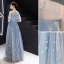Elegant Sky Blue Evening Dresses  2019 A-Line / Princess Scoop Neck Lace Sequins Appliques Short Sleeve Floor-Length / Long Formal Dresses