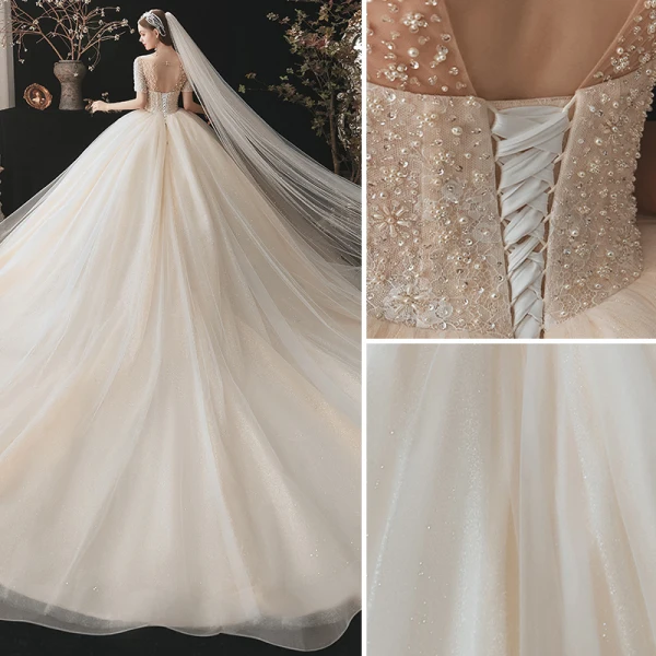 Modern / Fashion Champagne Wedding Dresses 2021 Ball Gown Scoop Neck Beading Pearl Sequins Short Sleeve Backless Royal Train Wedding