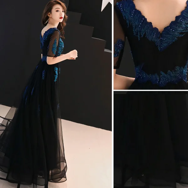 Chic / Belle Bleu Marine Robe De Soirée 2019 Princesse V-Cou En Dentelle Fleur Perlage Cristal Manches Courtes Dos Nu Longue Robe De Ceremonie
