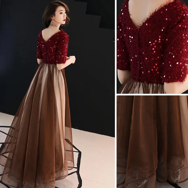 Modern / Fashion Burgundy Evening Dresses 2019 A-Line / Princess V-Neck Tassel Sequins 1/2 Sleeves Backless Floor-Length / Long Formal Dresses