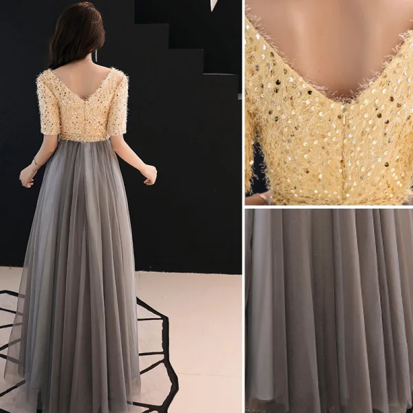 Modern / Fashion Champagne Evening Dresses 2019 A-Line / Princess V-Neck Tassel Sequins 1/2 Sleeves Backless Floor-Length / Long Formal Dresses