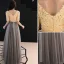 Modern / Fashion Champagne Evening Dresses  2019 A-Line / Princess V-Neck Tassel Sequins 1/2 Sleeves Backless Floor-Length / Long Formal Dresses