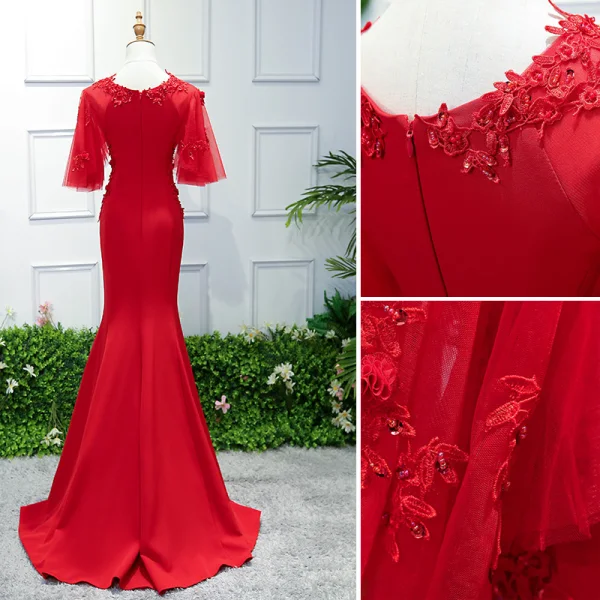 Chic / Belle Bordeaux Robe De Soirée 2019 Trompette / Sirène Encolure Dégagée 1/2 Manches En Dentelle Fleur Perlage Paillettes Train De Balayage Robe De Ceremonie
