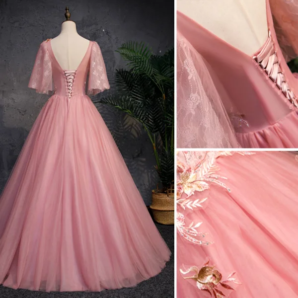 Élégant Rose Bonbon Robe De Bal 2019 Princesse Encolure Dégagée 1/2 Manches Perlage En Dentelle Fleur Dos Nu Longue Robe De Ceremonie