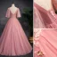 Élégant Rose Bonbon Robe De Bal 2019 Princesse Encolure Dégagée 1/2 Manches Perlage En Dentelle Fleur Dos Nu Longue Robe De Ceremonie