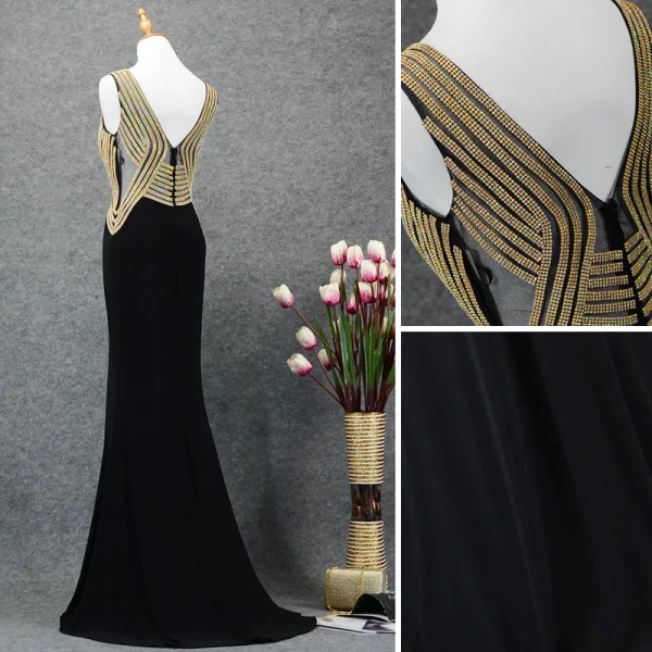 Chic / Belle Noire Doré Robe De Soirée 2019 Trompette / Sirène V-Cou Faux Diamant Sans Manches Dos Nu Train De Balayage Robe De Ceremonie