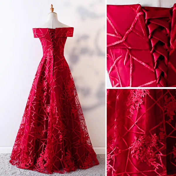 Chic / Beautiful Red Evening Dresses 2019 A-Line / Princess Off-The-Shoulder Lace Flower Short Sleeve Backless Floor-Length / Long Formal Dresses