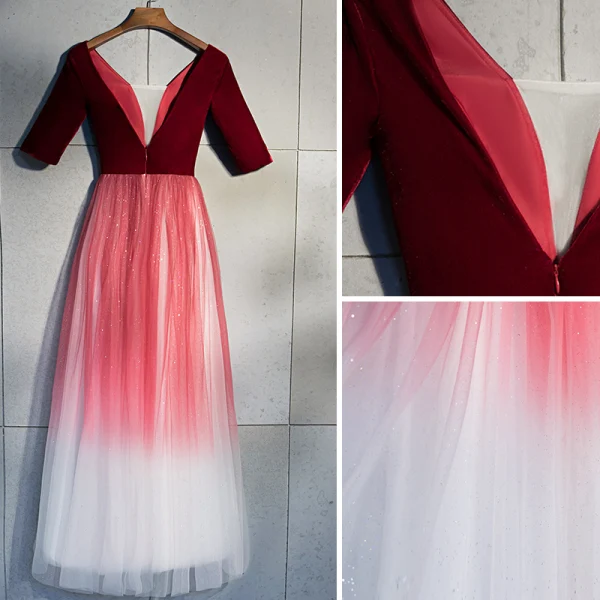Chic / Beautiful Burgundy Evening Dresses 2019 A-Line / Princess V-Neck Suede 1/2 Sleeves Backless Sequins Floor-Length / Long Formal Dresses