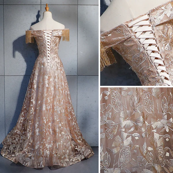 Élégant Champagne Robe De Soirée 2019 Princesse De l'épaule Perlage Gland Manches Courtes En Dentelle Fleur Cristal Dos Nu Longue Robe De Ceremonie
