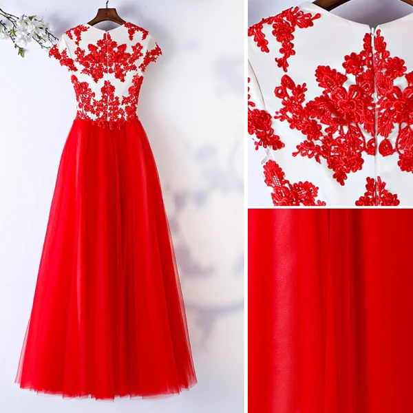 Chic / Belle Rouge Robe De Bal 2019 Princesse Encolure Dégagée En Dentelle Fleur Perlage Manches Courtes Longue Robe De Ceremonie