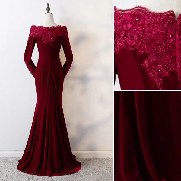 Elegante Bordeaux Avondjurken 2019 Trompet / Zeemeermin Kant Bloem Vierkante Halslijn Kralen Kristal Pailletten Suede Lange Mouwen Lange Gelegenheid Jurken