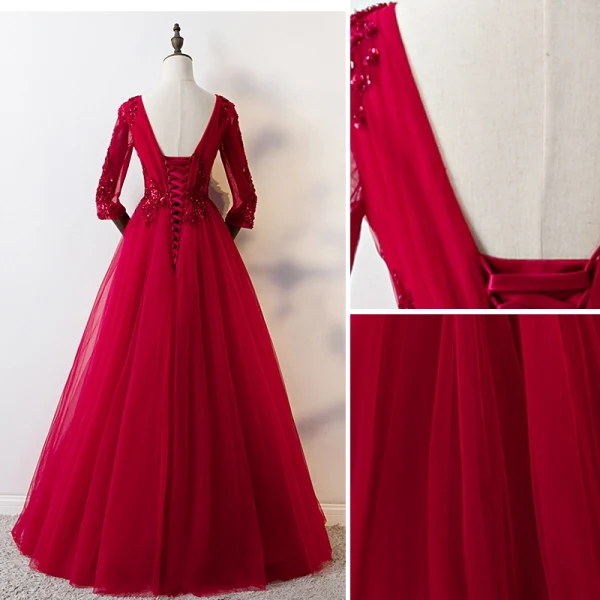 Chic / Beautiful Burgundy Prom Dresses 2019 A-Line / Princess Scoop Neck 3/4 Sleeve Beading Lace Sequins Crystal Backless Floor-Length / Long Formal Dresses