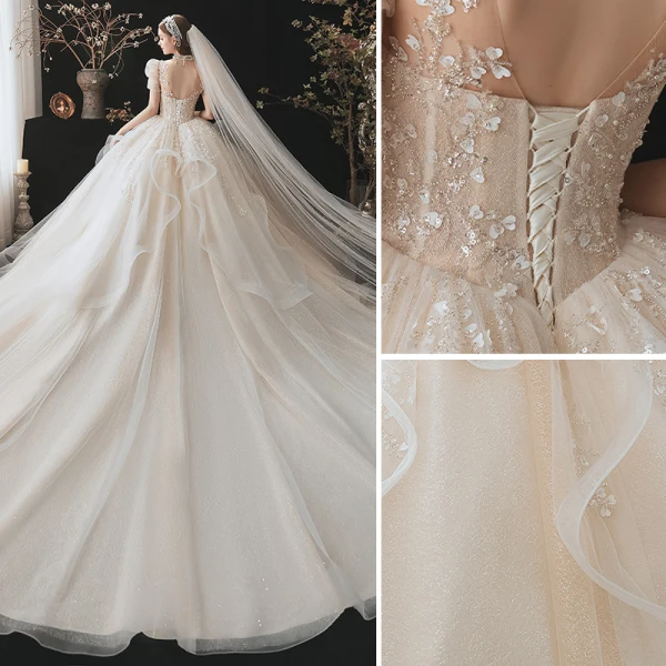 Modern / Fashion Champagne Wedding Dresses 2021 Ball Gown Scoop Neck Beading Sequins Pearl Lace Flower Appliques Short Sleeve Backless Royal Train Wedding