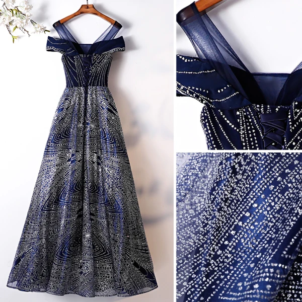 Charming Glitter Navy Blue Evening Dresses 2019 A-Line / Princess Scoop Neck Short Sleeve Backless Floor-Length / Long Formal Dresses