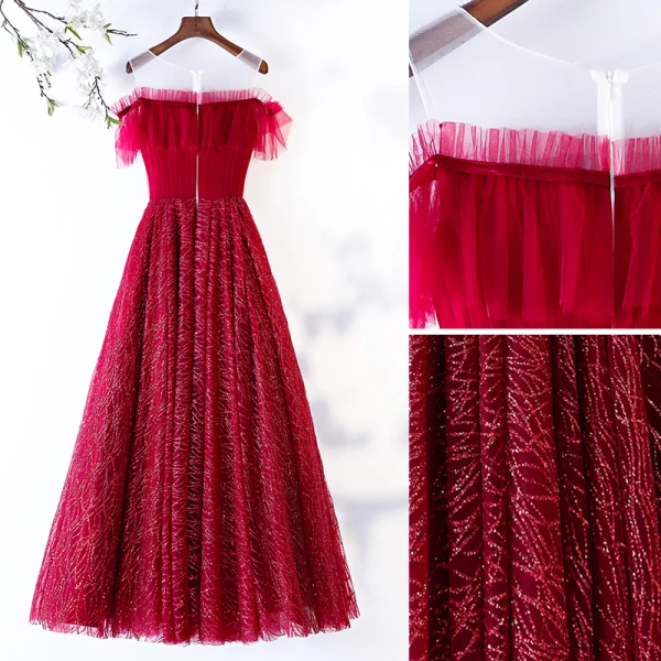 Chic / Beautiful Glitter Burgundy Prom Dresses 2019 A-Line / Princess Scoop Neck Ruffle Short Sleeve Floor-Length / Long Formal Dresses