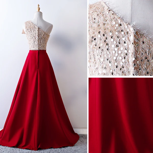 Elegante Burgunderrot Ballkleider 2019 A Linie One-Shoulder Rückenfreies Pailletten Quaste Ärmellos Sweep / Pinsel Zug Festliche Kleider
