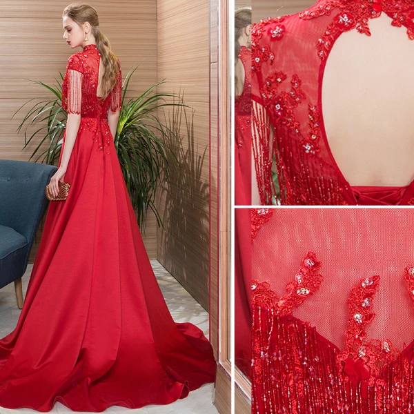 Classic Burgundy Evening Dresses 2019 A-Line / Princess High Neck Beading Crystal Tassel Short Sleeve Backless Lace Flower Court Train Formal Dresses