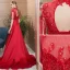 Classic Burgundy Evening Dresses  2019 A-Line / Princess High Neck Beading Crystal Tassel Short Sleeve Backless Lace Flower Court Train Formal Dresses