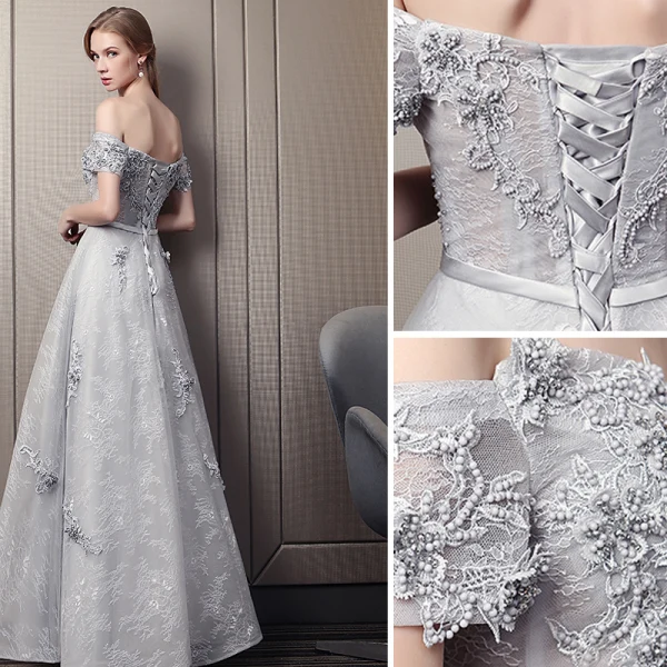 Élégant Gris Robe De Soirée 2019 Princesse De l'épaule Perlage En Dentelle Fleur Manches Courtes Dos Nu Longue Robe De Ceremonie
