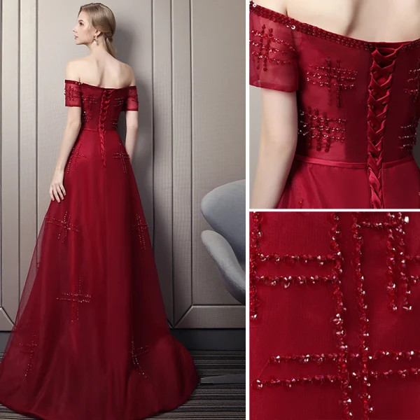 Chic / Beautiful Burgundy Evening Dresses 2019 A-Line / Princess Off-The-Shoulder Beading Crystal Sequins Short Sleeve Backless Floor-Length / Long Formal Dresses