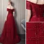 Chic / Beautiful Burgundy Evening Dresses  2019 A-Line / Princess Off-The-Shoulder Beading Crystal Sequins Short Sleeve Backless Floor-Length / Long Formal Dresses