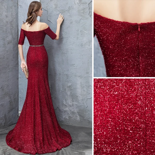 Scintillantes Bordeaux Robe De Soirée 2019 Trompette / Sirène De l'épaule Dentelle Paillettes Manches Courtes Dos Nu Ceinture Tribunal Train Robe De Ceremonie