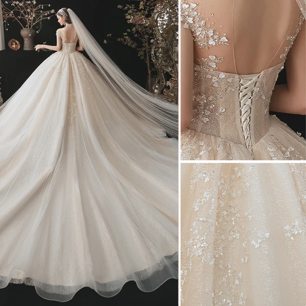 Classy Champagne Wedding Dresses 2021 Ball Gown High Neck Beading Pearl Sequins Lace Flower Appliques Short Sleeve Backless Royal Train Wedding