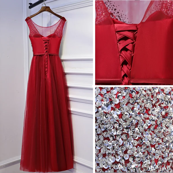 Sparkly Red Formal Dresses Evening Dresses  2017 Sequins Bow Backless Scoop Neck Sleeveless Ankle Length Empire