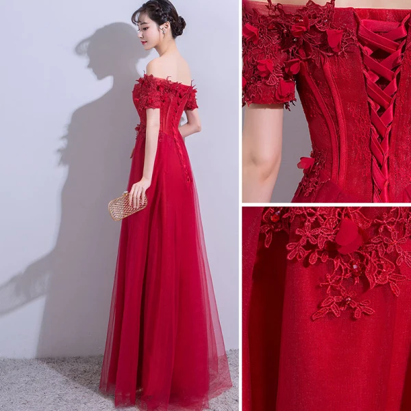 Chic / Beautiful Burgundy Evening Dresses  2019 A-Line / Princess Off-The-Shoulder Appliques Lace Flower Crystal Short Sleeve Backless Floor-Length / Long Formal Dresses