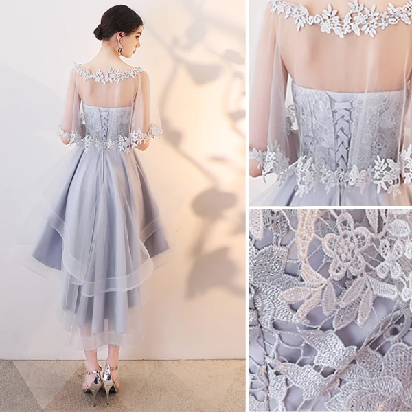 Chic / Belle Gris Robe De Cocktail 2019 Princesse Encolure Dégagée En Dentelle Appliques 1/2 Manches Dos Nu Asymétrique Robe De Ceremonie