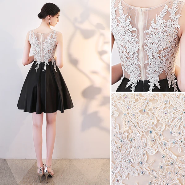 Chic / Belle Noire Robe De Cocktail 2019 Princesse Encolure Dégagée En Dentelle Appliques Faux Diamant Sans Manches Courte Robe De Ceremonie