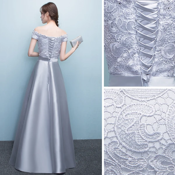 Erschwinglich Silber Abendkleider 2019 A Linie Off Shoulder Schleife Spitze Kurze Ärmel Rückenfreies Lange Festliche Kleider