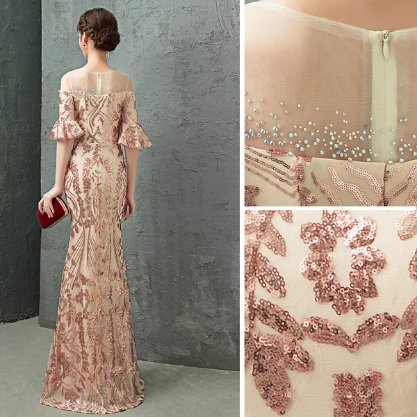 Charming Champagne Evening Dresses Trumpet / Mermaid 2019 Scoop Neck Sequins Rhinestone Bell sleeves Floor-Length / Long Formal Dresses