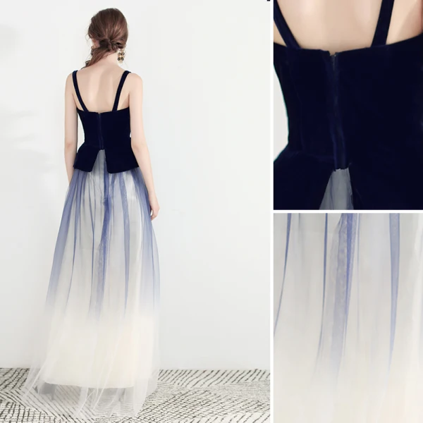 Chic / Belle Bleu Marine Dégradé De Couleur Robe De Soirée 2019 Princesse Bretelles Spaghetti Sans Manches Dos Nu Longue Robe De Ceremonie