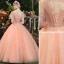 Affordable Pearl Pink Prom Dresses 2019 Ball Gown Scoop Neck Lace Appliques Pearl Short Sleeve Backless Floor-Length / Long Formal Dresses