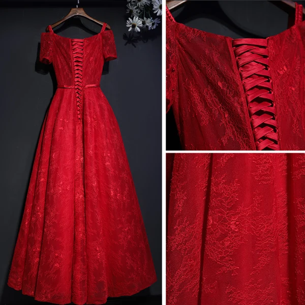 Chic / Beautiful Red Formal Dresses Evening Dresses  2017 Lace Flower Bow Sequins Square Neckline Short Sleeve Ankle Length A-Line / Princess