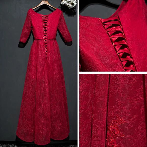 Chic / Beautiful Red Formal Dresses Evening Dresses  2017 Lace Flower Sequins Scoop Neck 1/2 Sleeves Ankle Length A-Line / Princess