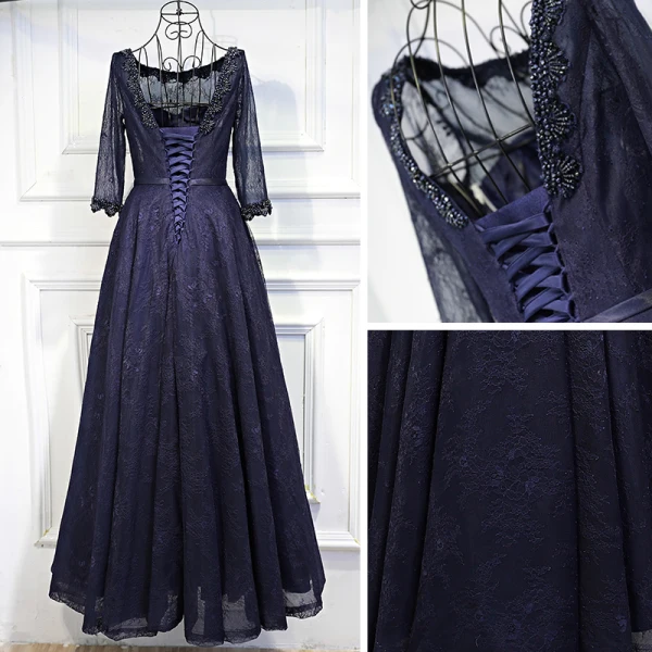 Chic / Belle Bleu Marine Robe De Ceremonie 2017 En Dentelle Fleur Paillettes Noeud Encolure Dégagée 3/4 Manches Longueur Cheville Princesse Robe De Soirée