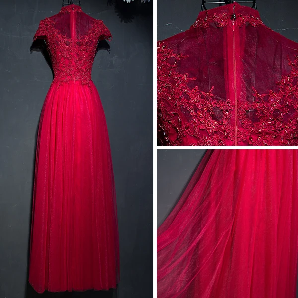 Chic / Belle Rouge Robe De Ceremonie 2017 En Dentelle Fleur Paillettes Col Haut Manches Courtes Longue Empire Robe De Soirée