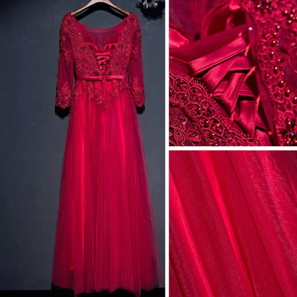 Chic / Beautiful Red Formal Dresses Evening Dresses 2017 Lace Flower Sequins Pearl 3/4 Sleeve V-Neck Ankle Length A-Line / Princess