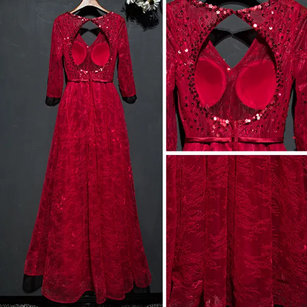 Chic / Belle Rouge Robe De Ceremonie Robe De Soirée 2017 Dentelle Paillettes Noeud Dos Nu Longueur Cheville V-Cou 3/4 Manches Princesse