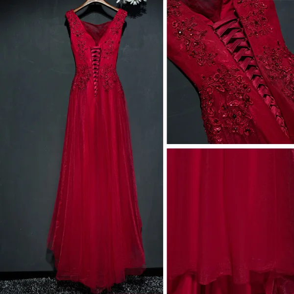 Chic / Beautiful Red Formal Dresses Evening Dresses  2017 Lace Flower Sleeveless Square Neckline A-Line / Princess